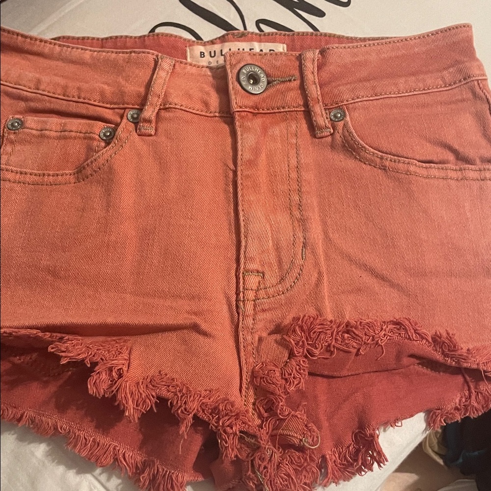 Bullhead Coral Pink Frayed Hem Denim Shorts